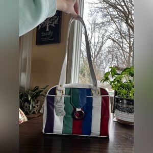 Vintage 80s Retro White Multi-Color Genuine Leather Strap Shoulder Bag Purse